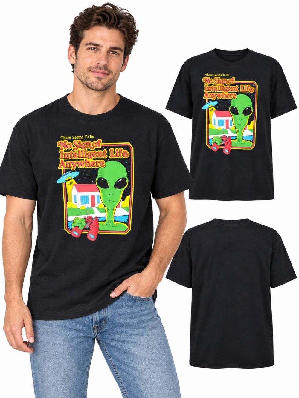 DOM Alien Graphic T-Shirt Funny UFO Quote Black XL